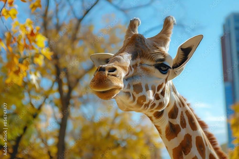 Obraz premium Professional pet sitter walking funny giraffe in bustling urban safari