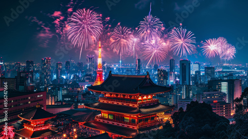a image about Japan summer Festival, night, with fireworks in the sky, japanese travel poster