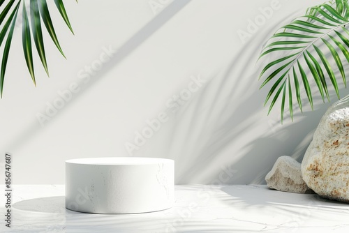 Minimalist Product Display with Palm Leaf and Stone