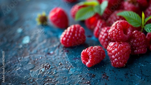 Sweet and juicy red raspberries scattered on the table, offering a fresh and healthy dessert option. These vibrant Rubus idaeus berries are perfect for a sweet treat. photo