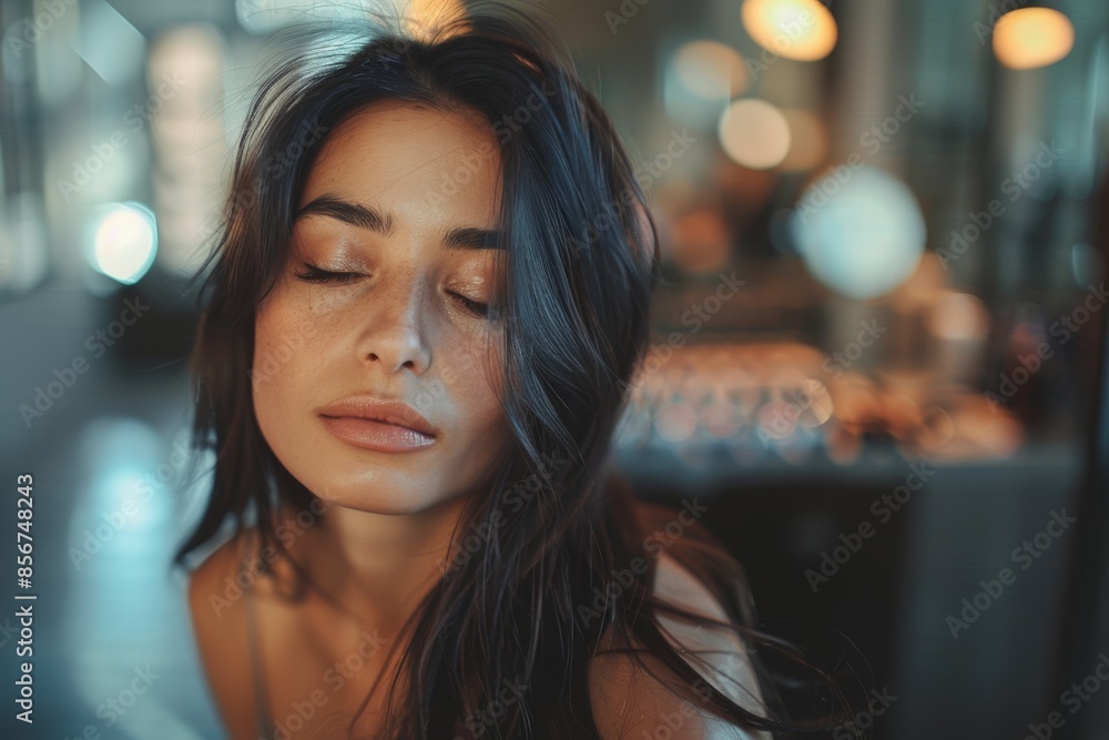 Obraz premium Woman with cat-eye makeup in a serene setting.