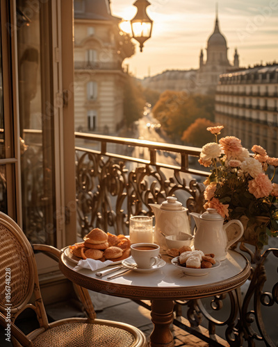 a paris balcony with breakfast in the morning, in the style of iconic imagery, light beige and amber