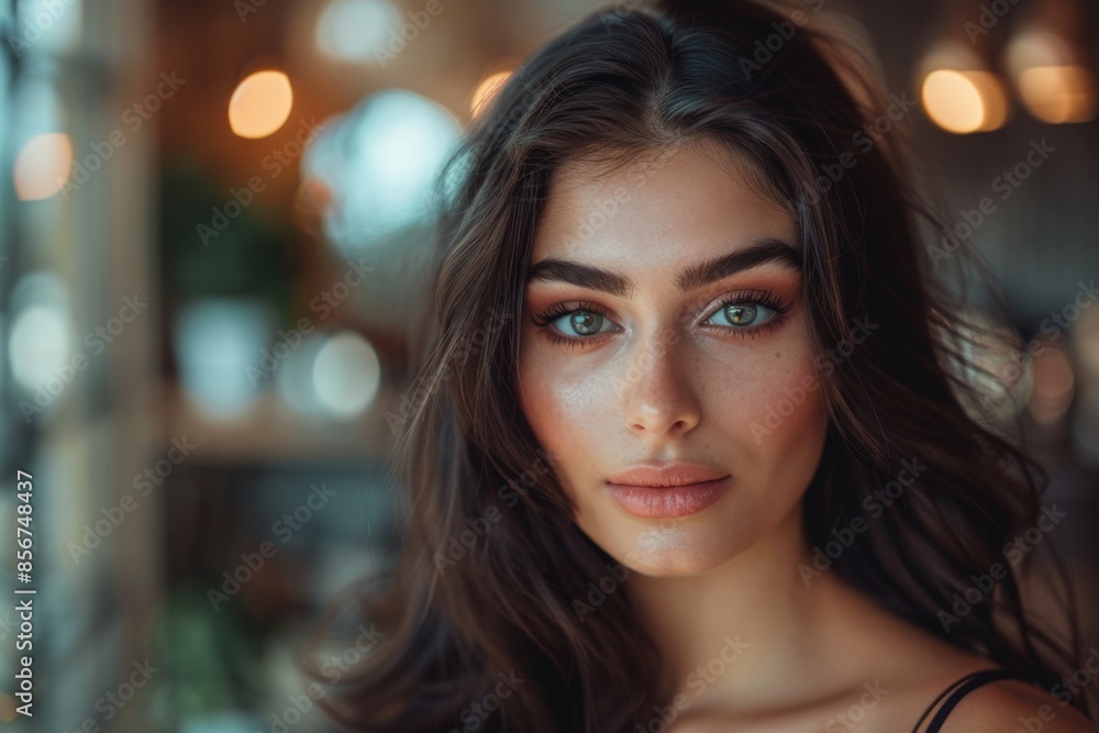 Obraz premium Woman with striking blue eyes in a warm, ambient setting.