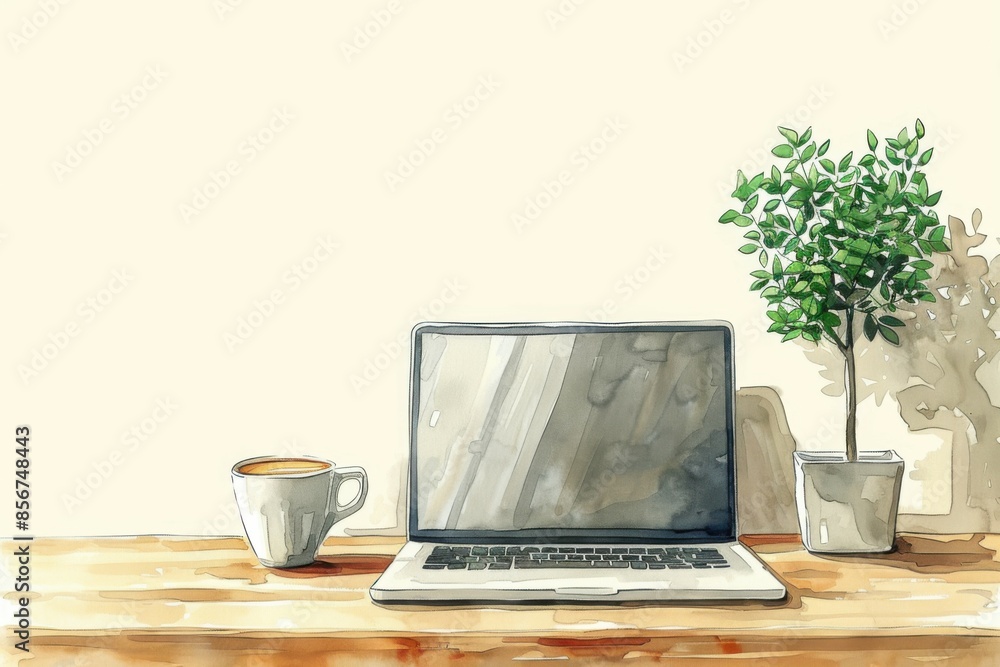 drawing of a stylish desktop with a laptop, a plant and a cup of coffee drawing of a stylish desktop with a laptop, a plant and a cup of coffee