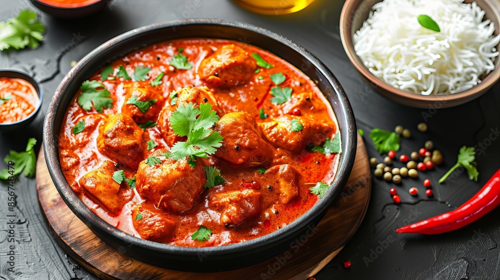 A delicious butter chicken curry dish from Indian cuisine, featuring tender pieces of chicken cooked in a rich, creamy tomato-based sauce. A delicious butter chicken curry dish from Indian cuisine, featuring tender pieces of chicken cooked in a rich, creamy tomato-based sauce.