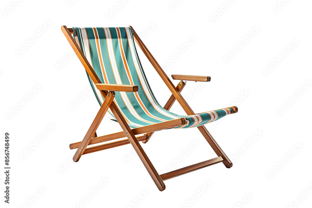 A Striped Wooden Beach Chair Ready for Relaxation on a Clear PNG or White Background. A Striped Wooden Beach Chair Ready for Relaxation on a Clear PNG or White Background.