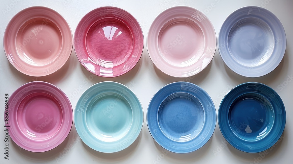 Eight Colorful Plates Arranged on a White Surface Eight Colorful Plates Arranged on a White Surface
