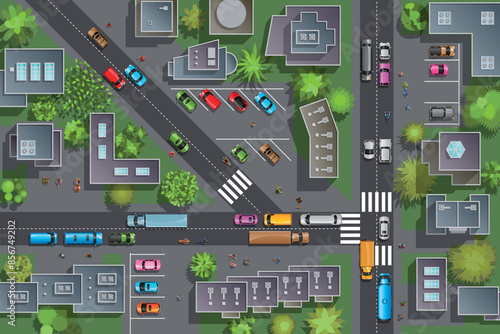 Top view of city streets, roads, roofs, cars, parkings, lawns, trees. Vector illustration. View from above.