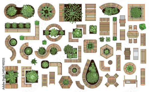 Top view. Set of isolated elements for landscaping design, wooden paths and decking trees, benches, flower beds, bushes, trees, table and chairs. Picnic area. Vector illustration. View from above. 
