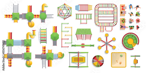 Top view. A set of elements for a children's outdoor playground, slides, stairs, houses, swings, sandboxes, mazes, children, parents sitting on a bench. Vector illustration. View from above