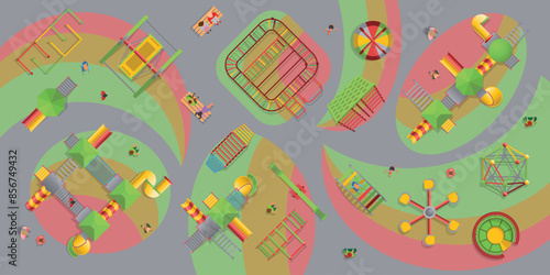 Top view of a children's outdoor playground, slides, stairs, house, swings, sandboxes, mazes, children, parents sitting on a bench. Vector illustration. View from above
