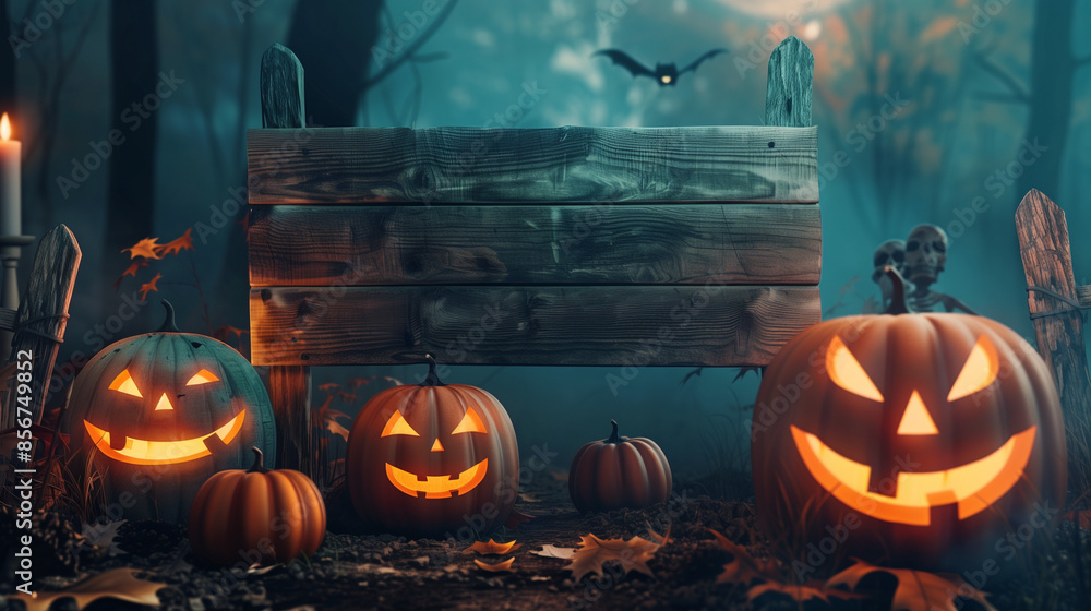 Hallowwen party invitation with empty wooden signboard and jack o lantern pumpkins in dark scary forest with moon , copy space for text Hallowwen party invitation with empty wooden signboard and jack o lantern pumpkins in dark scary forest with moon , copy space for text