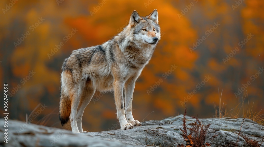 Lone Wolf Standing on a Rocky Outcrop with Autumn Foliage in the Background Lone Wolf Standing on a Rocky Outcrop with Autumn Foliage in the Background