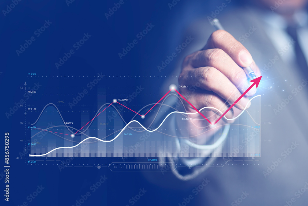 Businessman or trader touching showing a growing virtual hologram stock, invest in trading. Planning and strategy, Stock market, Business growth, progress or success concept. Businessman or trader touching showing a growing virtual hologram stock, invest in trading. Planning and strategy, Stock market, Business growth, progress or success concept.