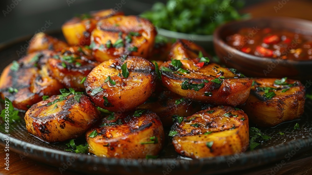 Close-Up of Grilled Potato Slices with Parsley Close-Up of Grilled Potato Slices with Parsley