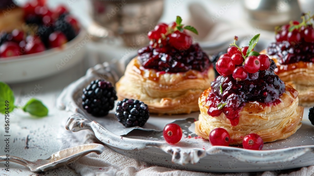 Savory pastry topped with sweet berry spread, presented on a pale table. Savory pastry topped with sweet berry spread, presented on a pale table.