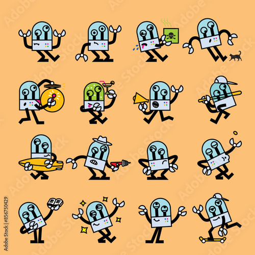 Funny alien robot in different poses. Cartoon flat character set. vector