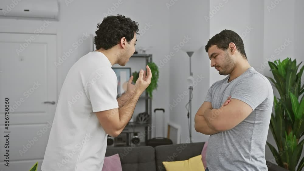 Two men conversing in a modern living room, expressing emotions of excitement and skepticism. Two men conversing in a modern living room, expressing emotions of excitement and skepticism.