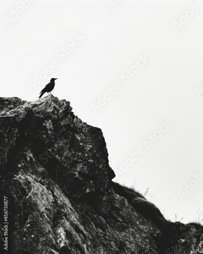 A lone bird perched on a rocky outcrop its dark silhouette stark against the pale sky. Black and white art