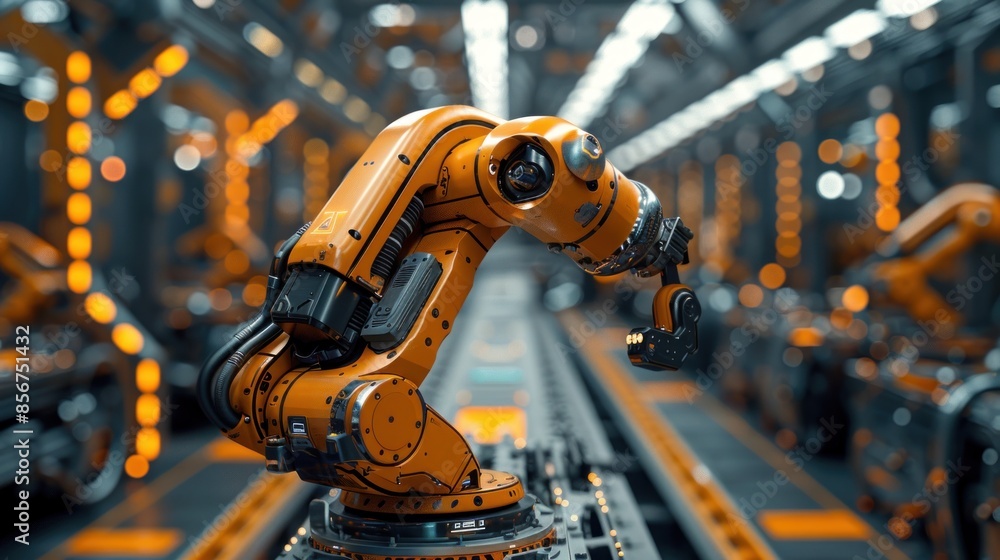 Orange Industrial Robotic Arm In A Factory Orange Industrial Robotic Arm In A Factory