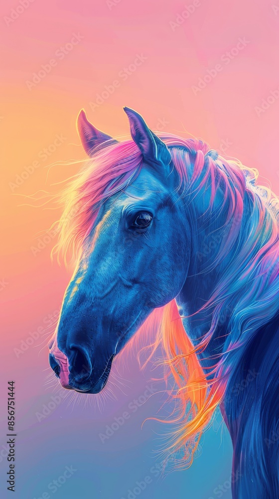 Close-up of an artistic blue horse with vibrant mane against a gradient background Close-up of an artistic blue horse with vibrant mane against a gradient background