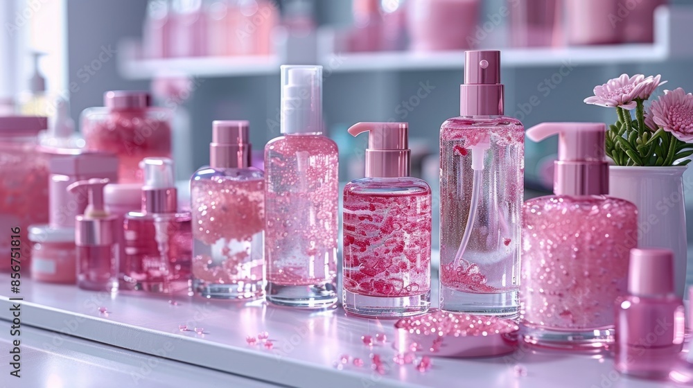 Pink Beauty Products Arranged on a White Countertop Pink Beauty Products Arranged on a White Countertop