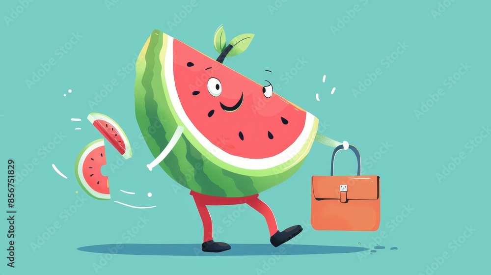 Anthropomorphic watermelon character walking - Playful digital art of a walking anthropomorphic watermelon with a briefcase Anthropomorphic watermelon character walking - Playful digital art of a walking anthropomorphic watermelon with a briefcase