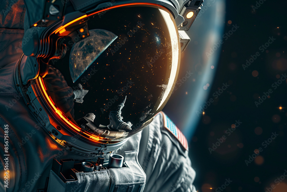 Closeup Generative AI picture of astronaut male female floating through space galaxy planet moon stars Closeup Generative AI picture of astronaut male female floating through space galaxy planet moon stars