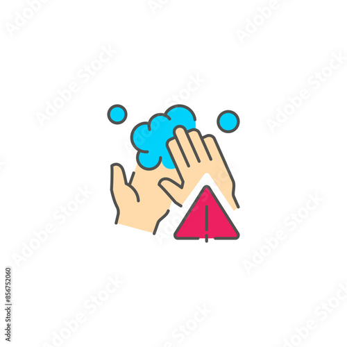 Hygiene and safety icon hands being washed with soap and water, with a warning symbol indicating caution