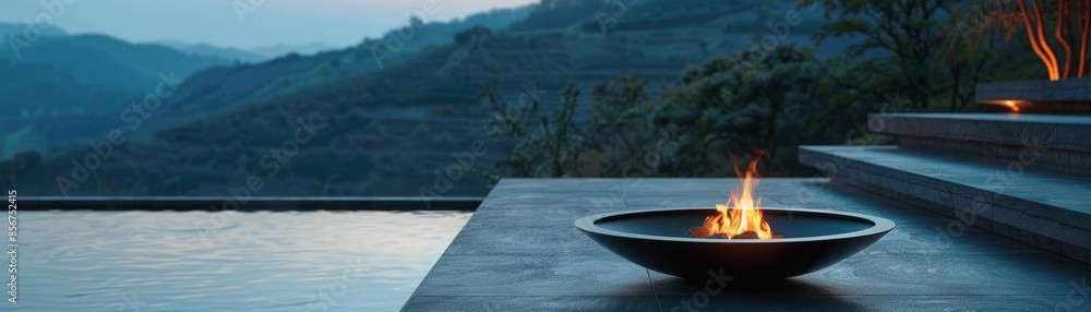 A small fire burns in a bowl on a stone patio overlooking a misty valley. A small fire burns in a bowl on a stone patio overlooking a misty valley.