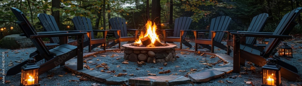 Cozy fire pit with chairs in a forest setting. Cozy fire pit with chairs in a forest setting.