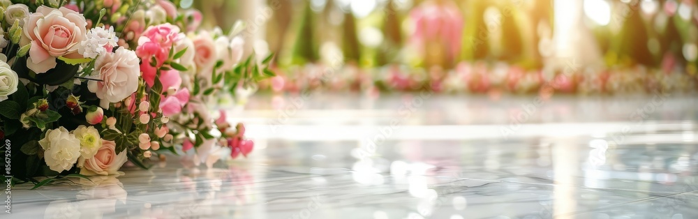 Modern Wedding Setup with Marble Table and Floral Decorations Modern Wedding Setup with Marble Table and Floral Decorations