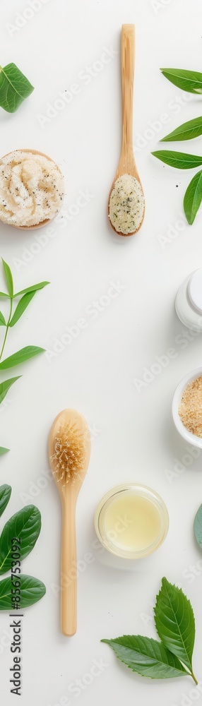 exfoliating products like scrub and brush on a white background, minimalistic skin care setup, beauty treatment, spa essentials, copy space exfoliating products like scrub and brush on a white background, minimalistic skin care setup, beauty treatment, spa essentials, copy space