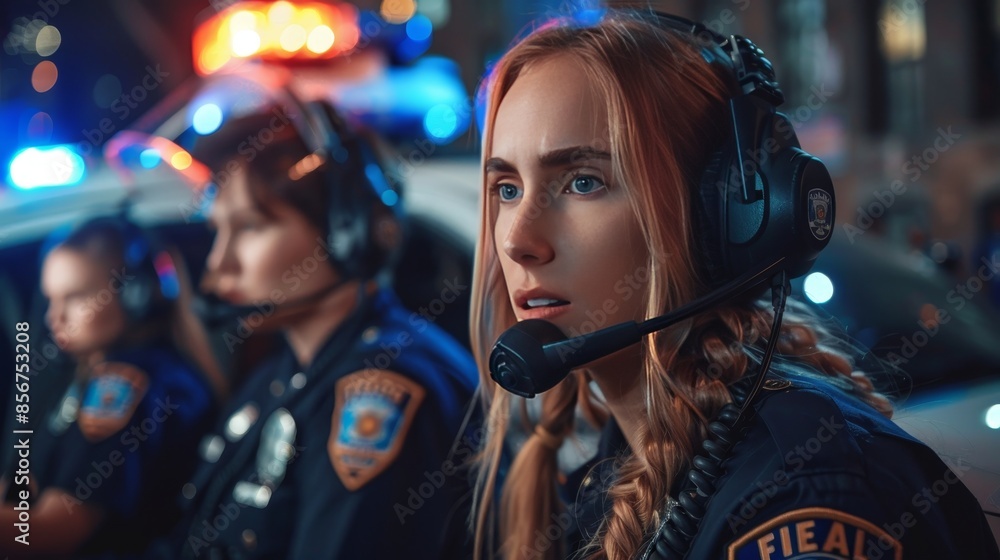 Police officers in modern 911 call center responding to emergencies, space for text Police officers in modern 911 call center responding to emergencies, space for text