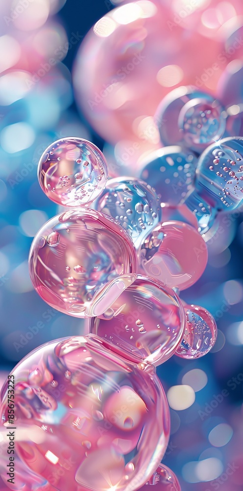 Abstract 3D bubbles in pink and blue tones with light reflections and bokeh