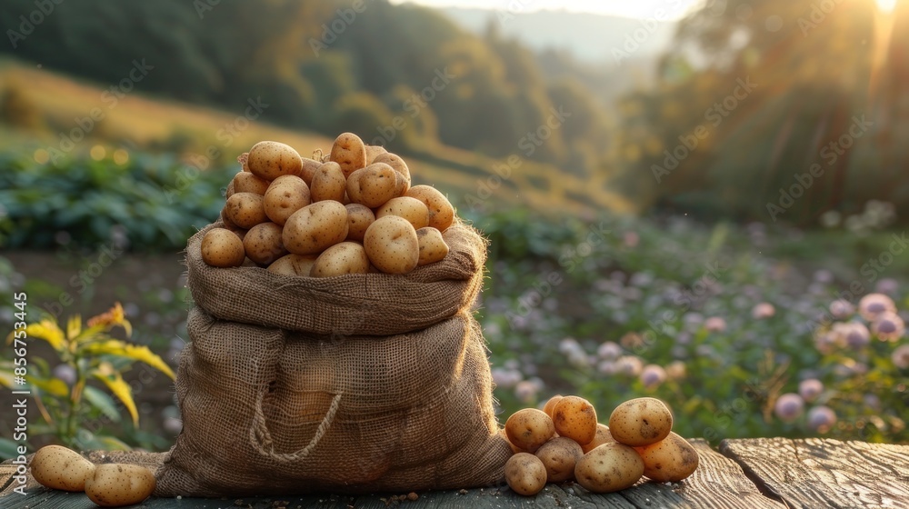 Freshly Harvested Potatoes in a Burlap Sack on a Rustic Wooden Table Freshly Harvested Potatoes in a Burlap Sack on a Rustic Wooden Table