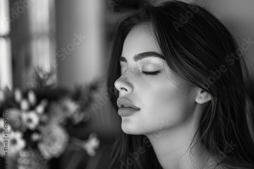 Black and white image of a woman having eye makeup applied.