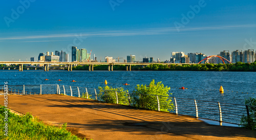 Skyline of Seoul at the Han river at Yeouido Hangang Park in Seoul, Korea photo