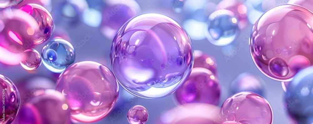 Colorful 3D bubbles in blue and purple floating in a serene gray background Colorful 3D bubbles in blue and purple floating in a serene gray background