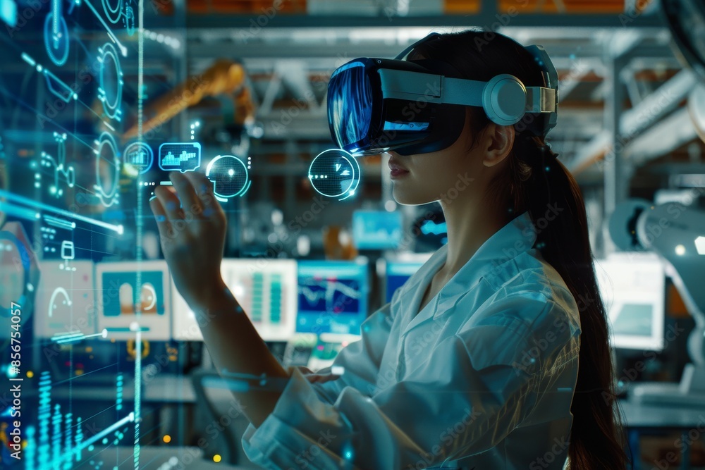 An engineer who wears virtual reality glasses while working in a modern office is interested in what she is seeing while wearing this useful gadget. An engineer who wears virtual reality glasses while working in a modern office is interested in what she is seeing while wearing this useful gadget.