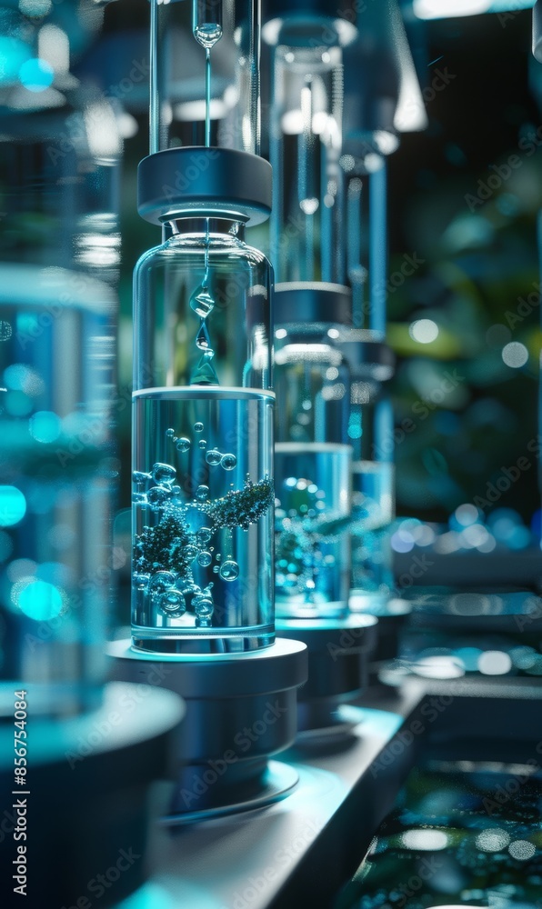 A collection of dropper bottles on a sleek, high-tech laboratory countertop, surrounded by advanced scientific equipment and futuristic technology, with soft A collection of dropper bottles on a sleek, high-tech laboratory countertop, surrounded by advanced scientific equipment and futuristic technology, with soft