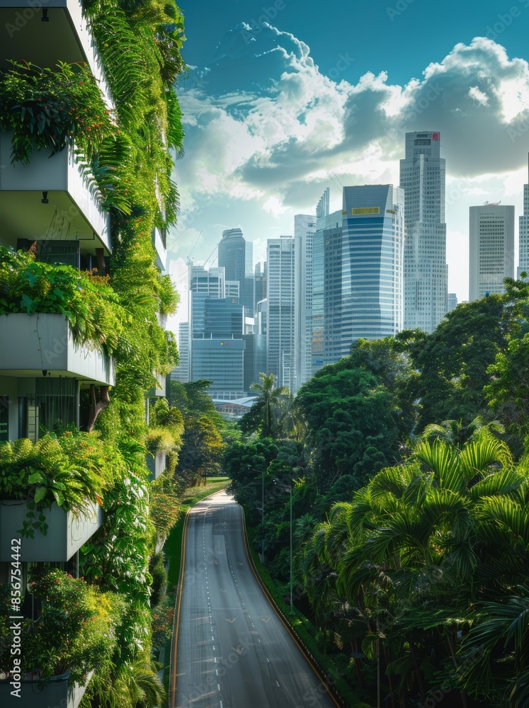 The future is a cityscape with a perspective view of skyscrapers and an empty avenue. The business district of Singapore. Hanging gardens provide a solution to the problem of ecological environment The future is a cityscape with a perspective view of skyscrapers and an empty avenue. The business district of Singapore. Hanging gardens provide a solution to the problem of ecological environment