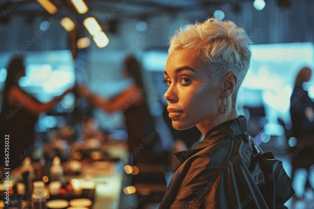 Naklejka premium Woman with short blonde hair getting makeup applied in a salon.