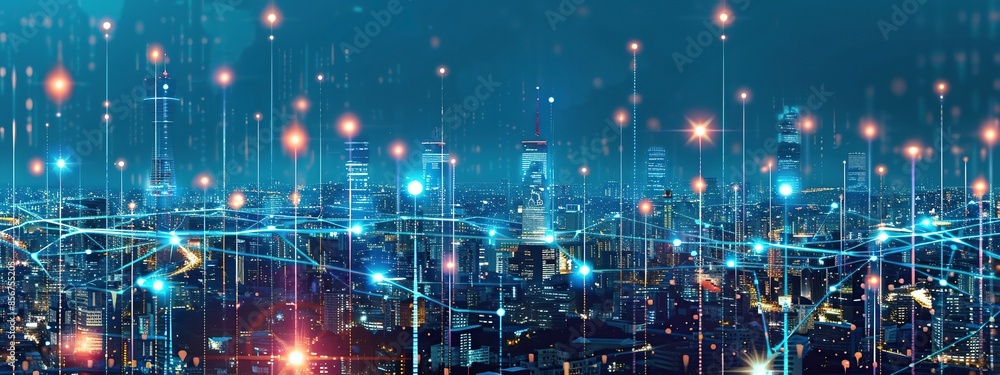 Obraz premium Cityscape with futuristic virtual network connection. Concept of connectivity and digital communication technology