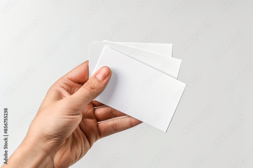 Fototapeta premium An image of a man holding two blank sheets of paper (tickets, flyers, invitations, coupons, banknotes, etc.)