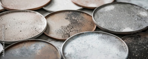 Close-up of various circular plates with textured surfaces in neutral tones © Georgii