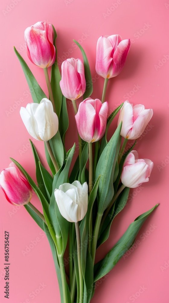 Fototapeta premium Pink and white tulips bouquet on pink background, spring floral concept