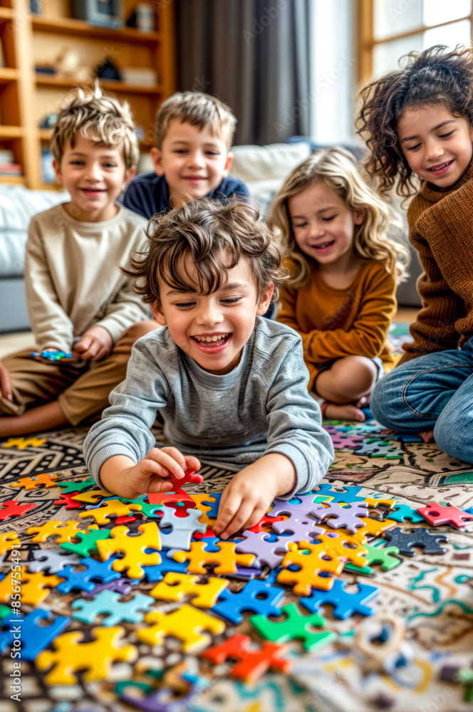 Group of children sitting on the floor playing with jigsaw puzzle. Group of children sitting on the floor playing with jigsaw puzzle.