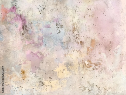 A close-up shot of a textured wall with abstract brushstrokes in pastel shades of pink, blue, yellow, and grey