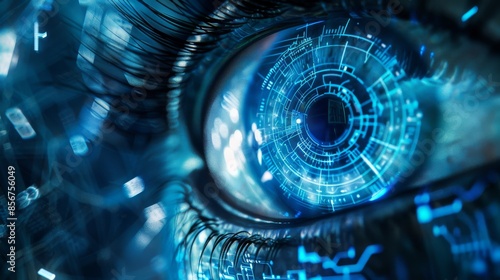 A robot eye with a blue eye, futuristic technology, abstract hi speed digital internet, blurry motion, pixel eyeball. Modern illustration.
